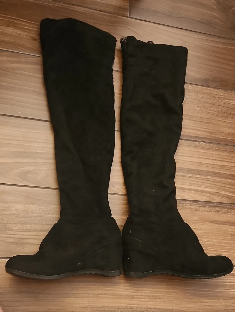 Black Lace-Trim Over-the-Knee Wedge Boots - Women